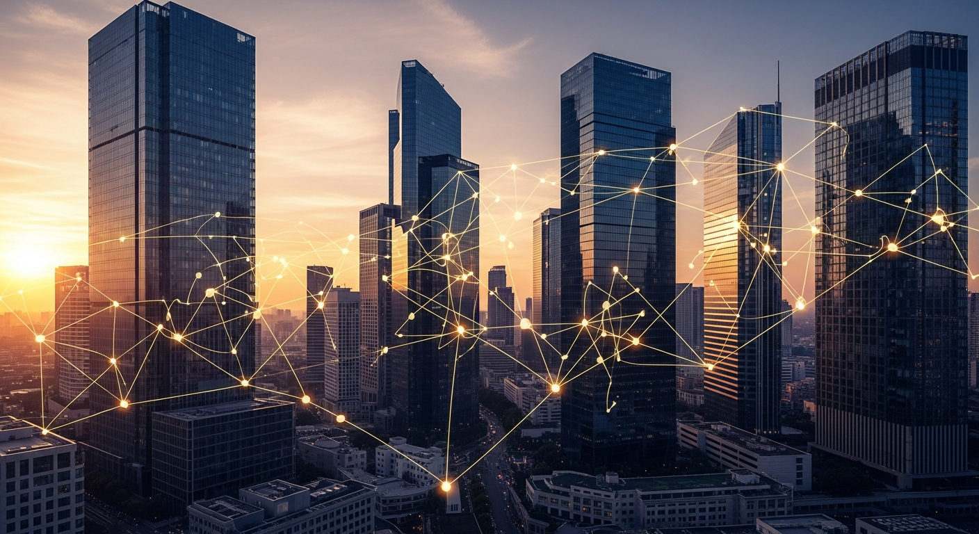 Modern financial district skyline connected by a glowing golden network at golden hour