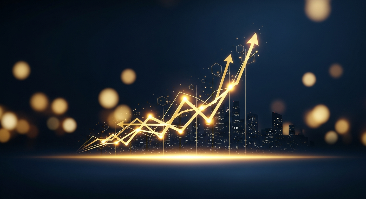 Golden financial growth chart rising over a night city skyline