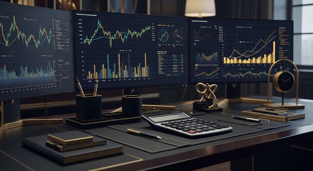 Financial valuation desk with charts and graphs